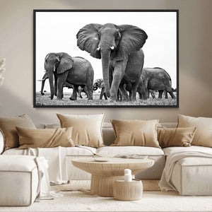 Black White Elephant Family Wall Art Canvas Print