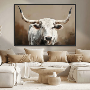 White Longhorn Bull Wall Art Canvas Print – Framed and Ready