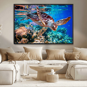 Underwater Coral Reef Sea Turtle Wall Art Canvas Print,