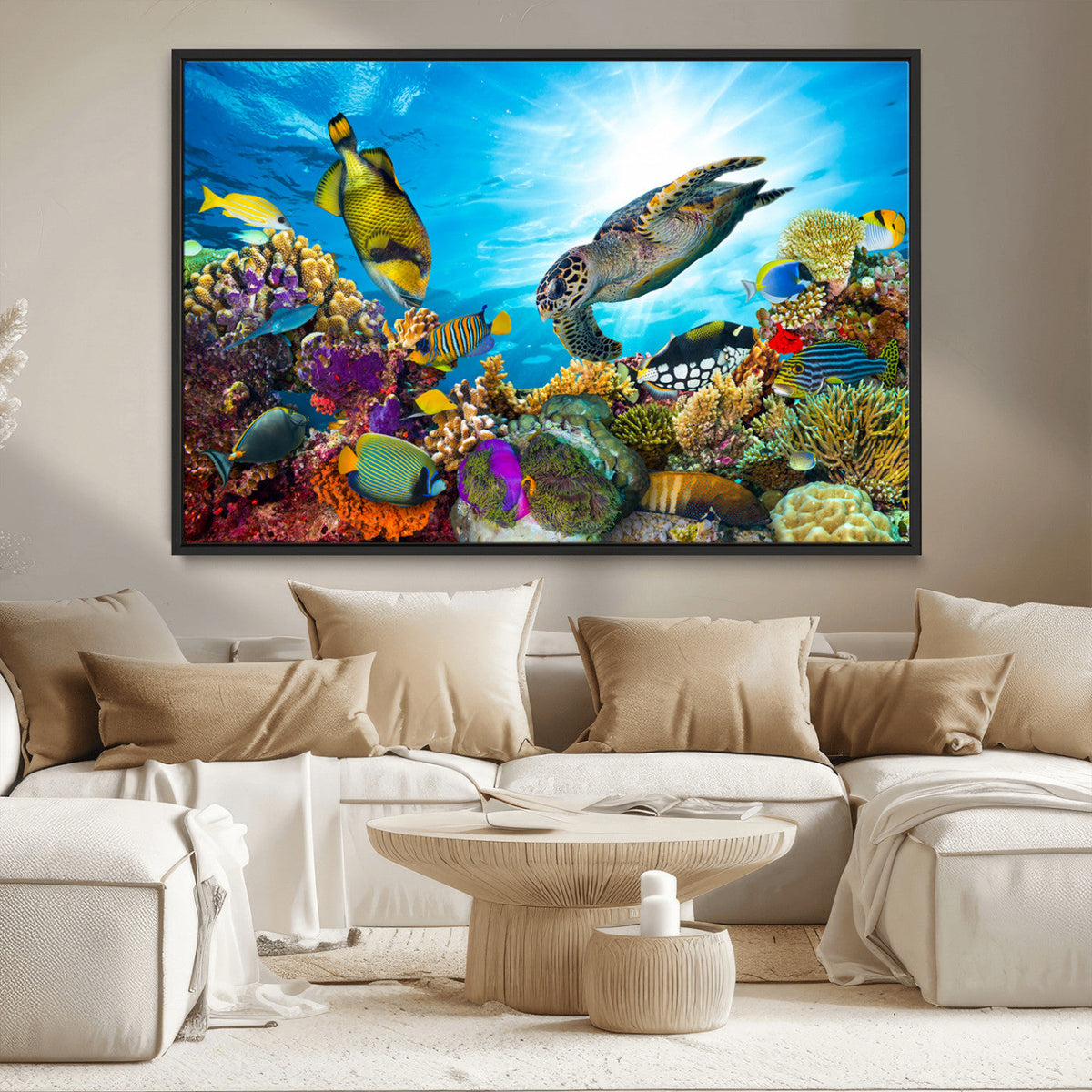 Colorful Coral Reef and Sea Life Turtle Canvas Print,