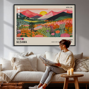 Yayoi Kusama Landscape Canvas Print, Vibrant Floral Mountain Art Print, Framed Botanical Wall Art -