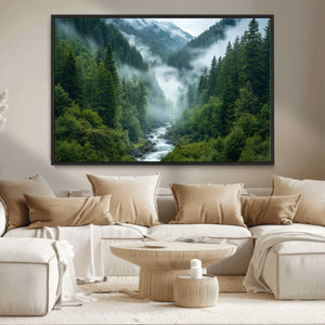 Mountain Forest River Canvas Wall Art Print - Serene Nature