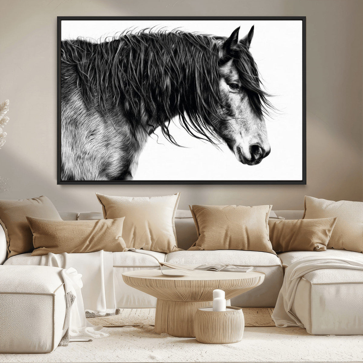 Majestic Horse Wall Art – Framed Black White Portrait Canvas