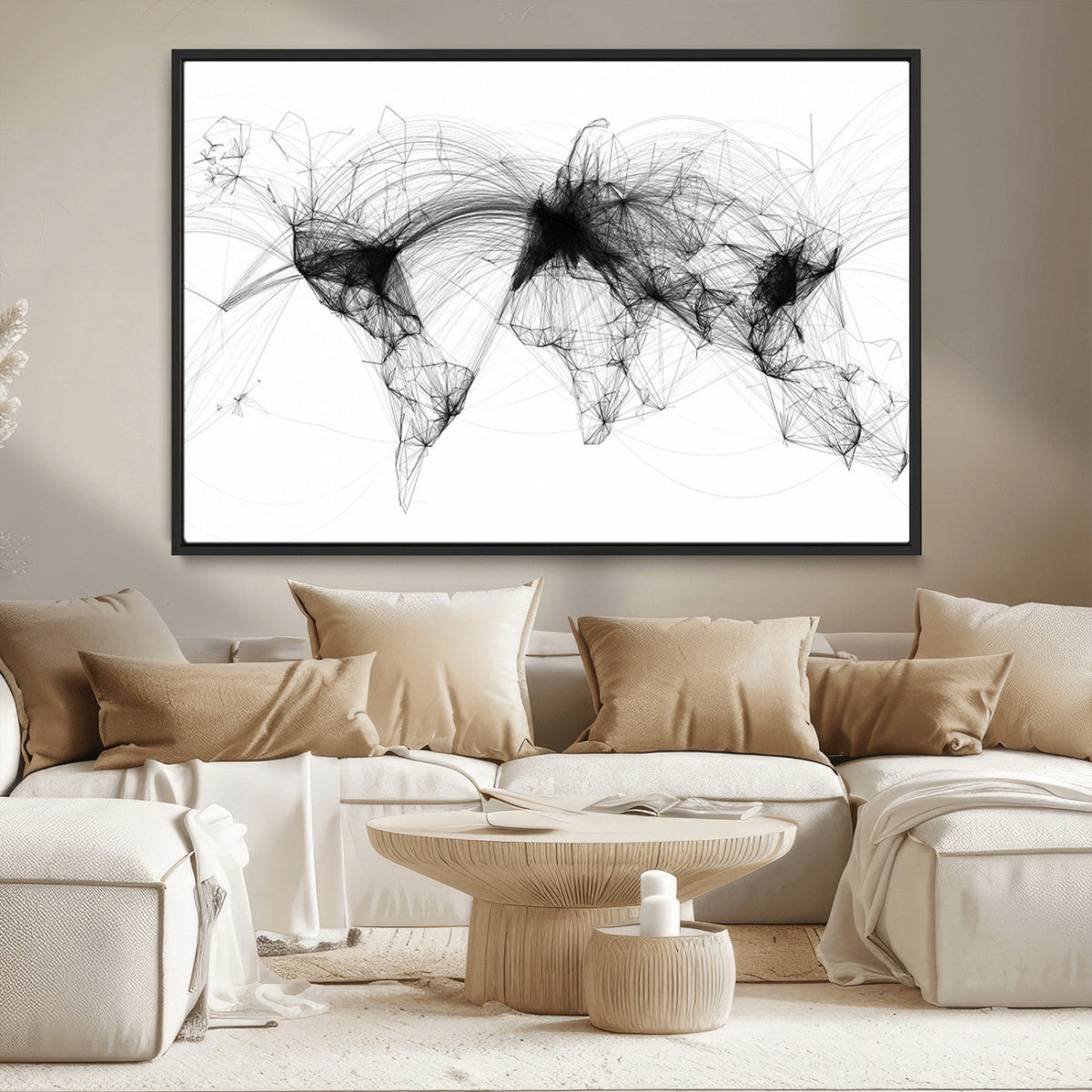 Abstract World Map Wall Art – Framed Geometric Line Canvas