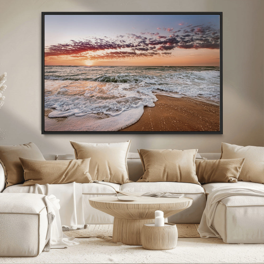 Ocean Sunset Wall Art Canvas Print – Framed Sandy Shore