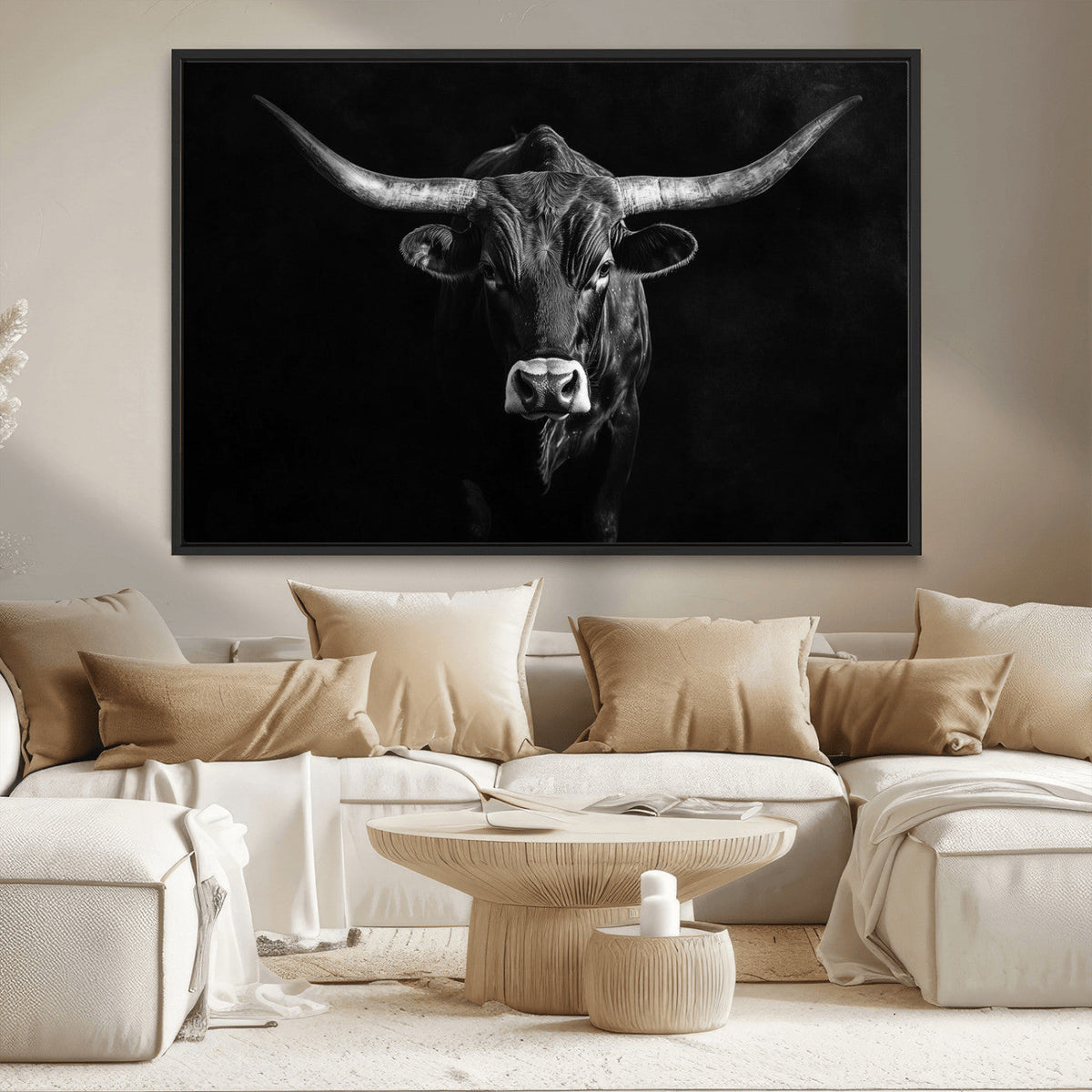 Texas Longhorn Wall Art Canvas Print – Framed Monochrome