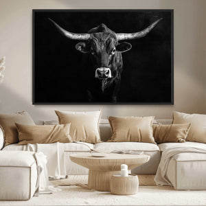 Texas Longhorn Wall Art Canvas Print – Framed Monochrome