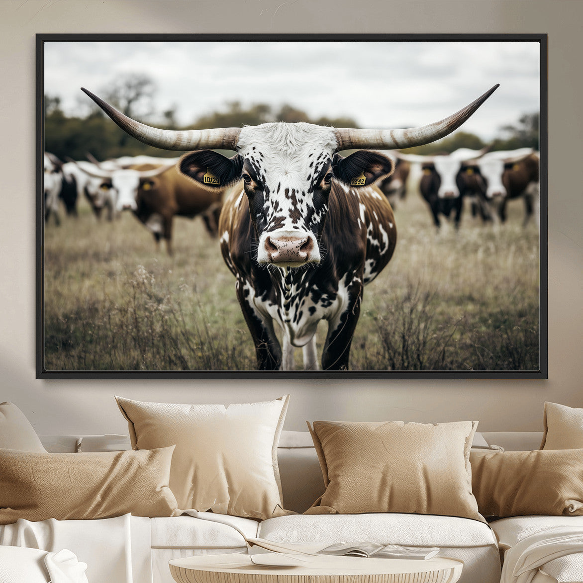Texas Longhorn Wall Art – Framed Speckled Cow Canvas