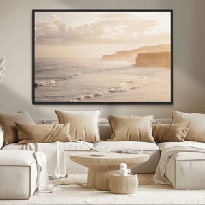 Misty Coastal Wall Art Canvas Print – Framed Golden Sunset