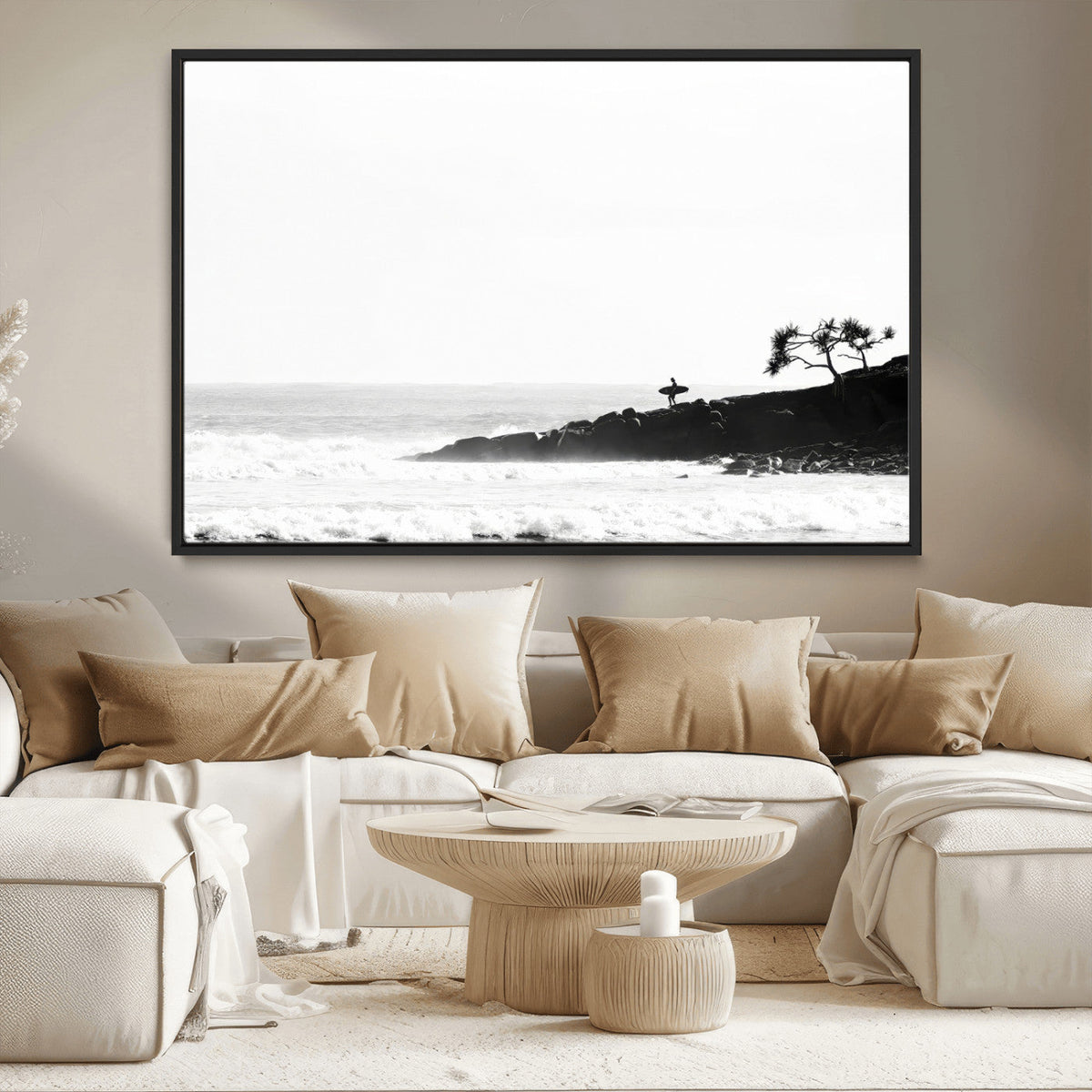 Surfer Cliffs Wall Art Canvas Print – Framed Black White
