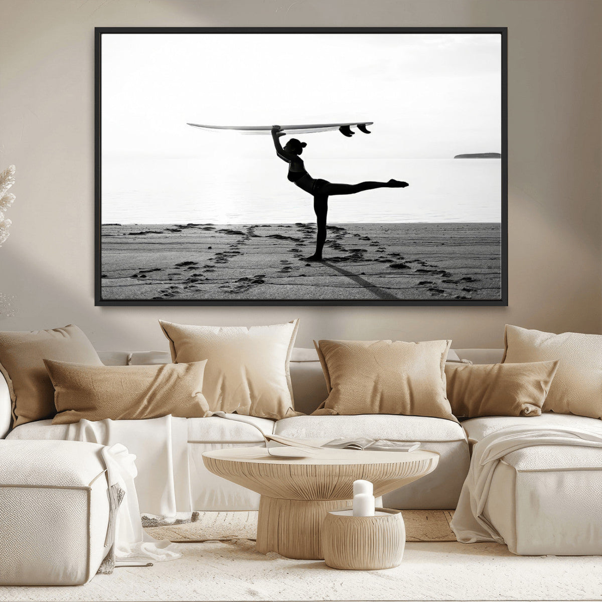 Yoga Surf Wall Art Canvas Print – Framed Black White Shore