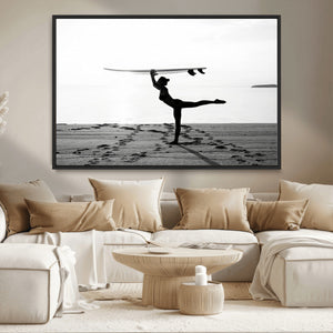 Yoga Surf Wall Art Canvas Print – Framed Black White Shore