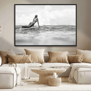 Black and White Surfing Wall Art Canvas Print – Framed Ocean