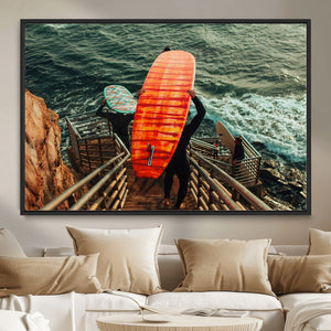 Surfer Stairway Wall Art – Framed Ocean Surf Canvas Artwork,