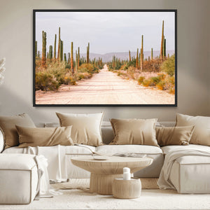 Desert Cactus Lined Road Wall Art Canvas Print – Framed