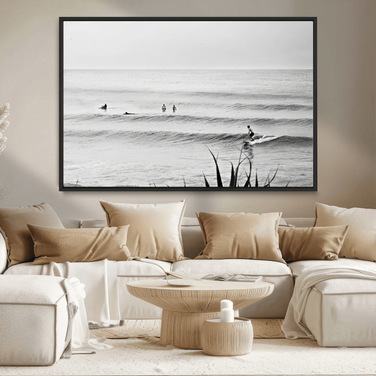 Surfer Silhouette Wall Art – Framed Calm Ocean Canvas