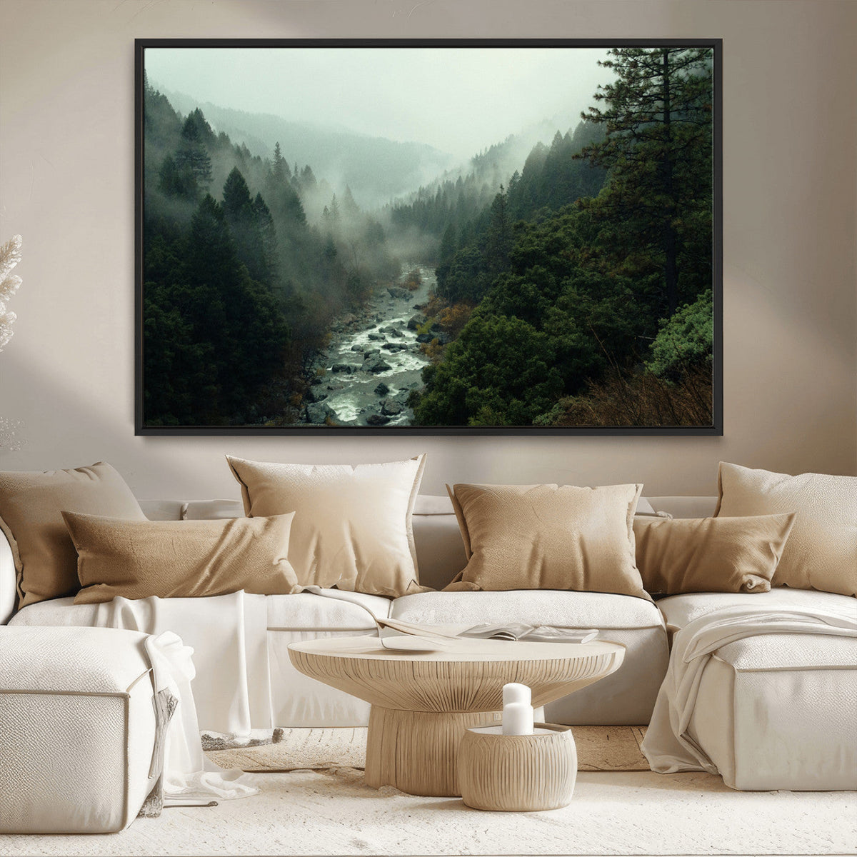 Misty Forest Wall Art Canvas Print – Framed Foggy River