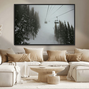 Ski Lift Wall Art Canvas Print – Snowy Pines Misty Landscape