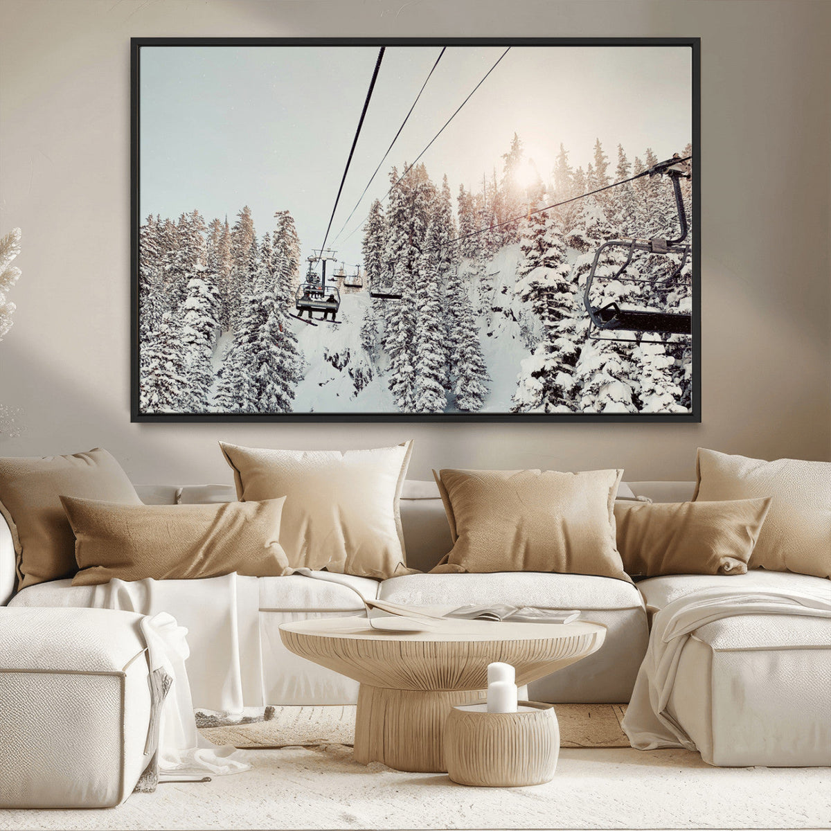 Frosty Pines Wall Art Canvas Print – Framed Cozy Cabin Ski