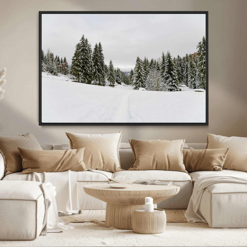 Frosty Pines Wall Art Canvas Print – Framed Silent Snowfall