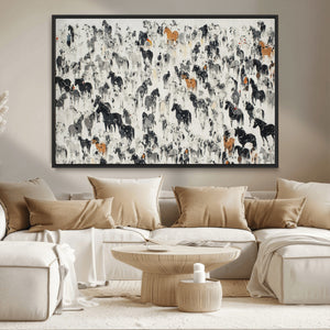 Wild Horse Stampede Wall Art Canvas Print – Monochrome