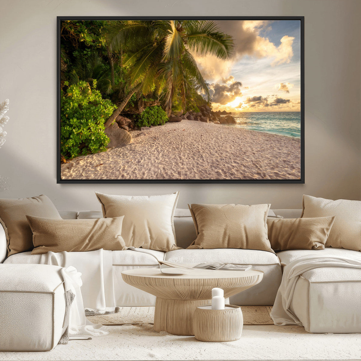 Tropical beach sunset, palm trees, white sand, ocean waves,
