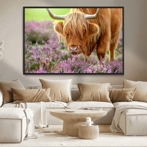 Highland Cow Wall Art Canvas Print – Framed Purple Flowers
