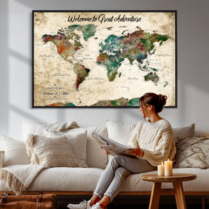 Grunge Personalized World Map Wall Art Canvas Print – Custom