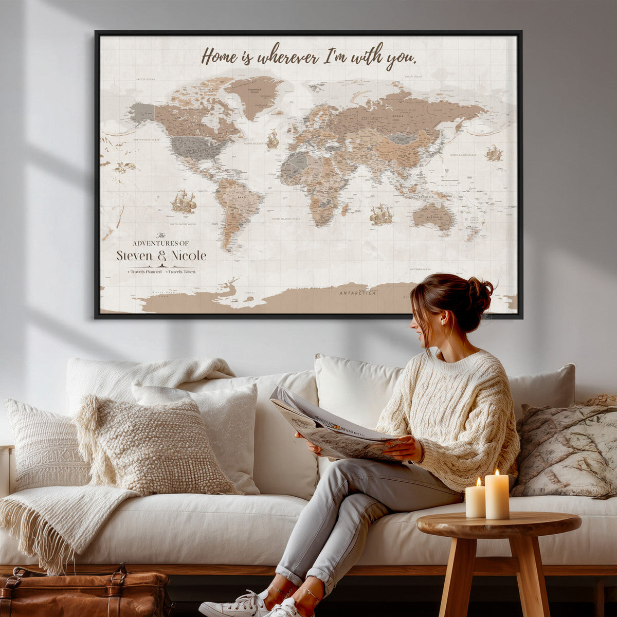 Personalized World Map Wall Art Canvas Print – Customizable