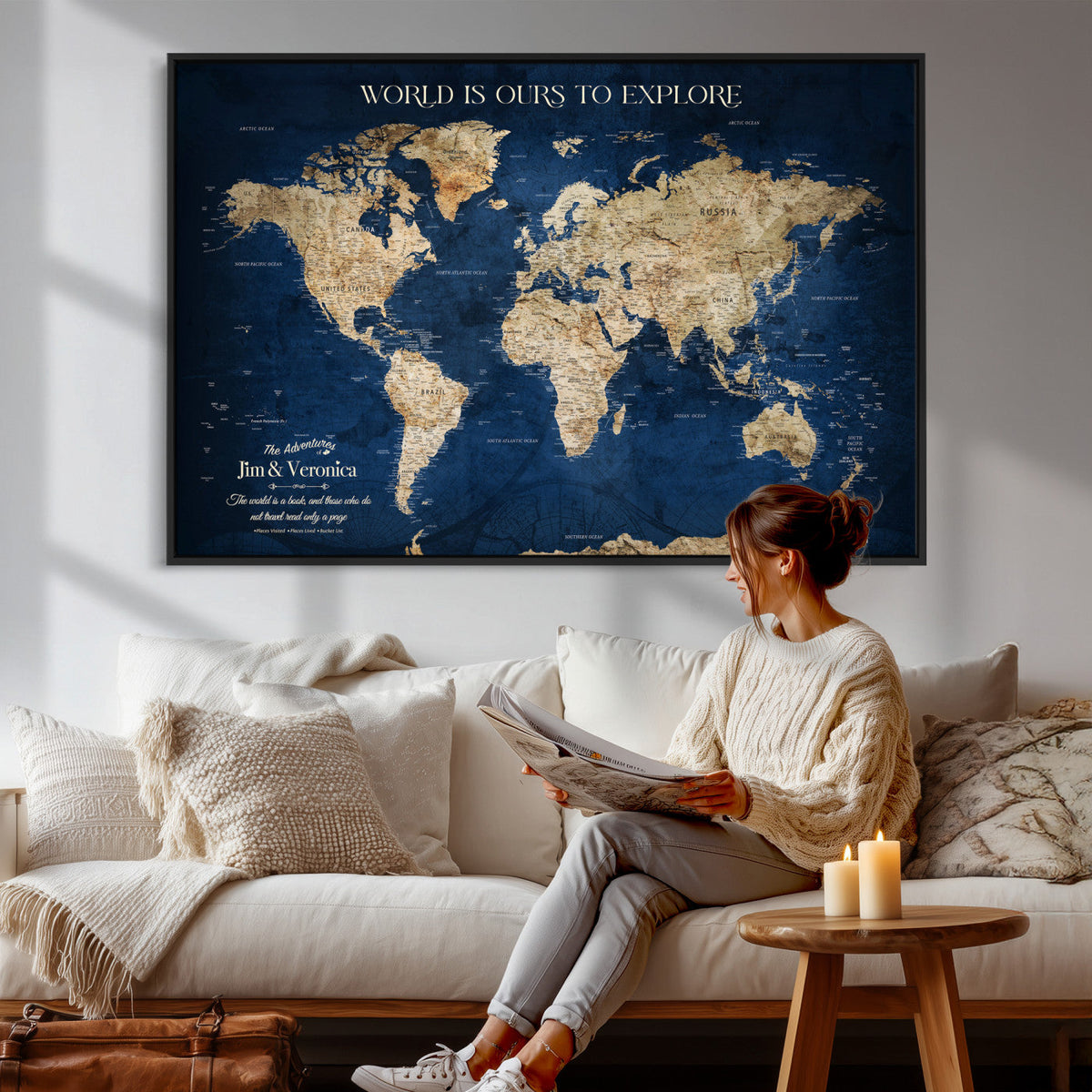 Framed Custom World Map Canvas Print - Deep Blue World Map