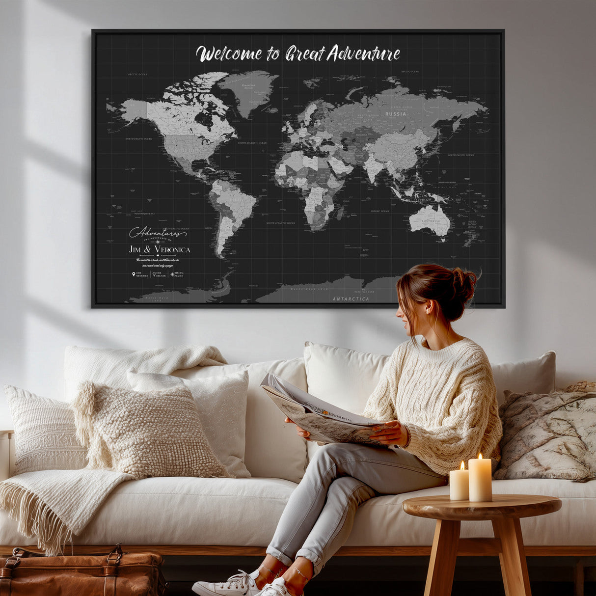 Custom World Map Canvas with Pins – Custom Framed Push Pin Maps - NEWMAP-21