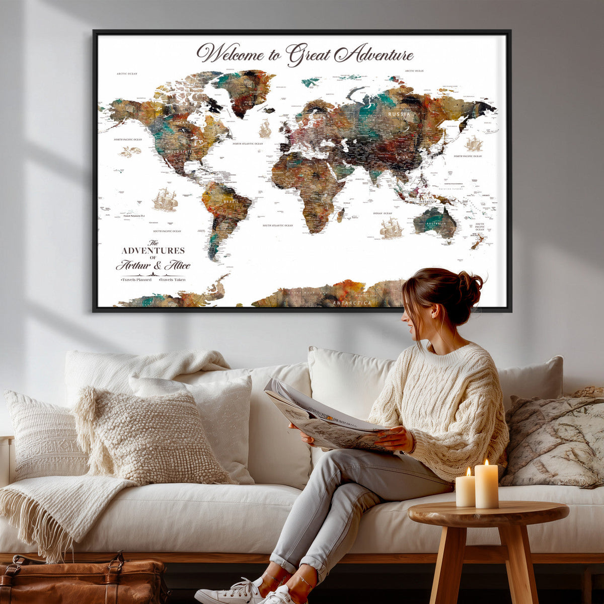 Customizable Framed World Map Canvas Print – Personalized