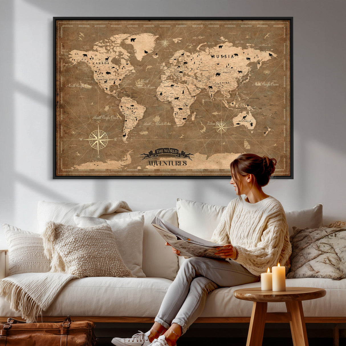 Custom Push Pin World Map Wall Art Canvas Print – Personalized Travel Tracker with Pins Framed Large for Home and Office Decor