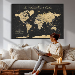 Custom Push Pin World Map Wall Art Canvas Print – Personalized Travel Tracker with Pins Framed Large for Home and Office Decor