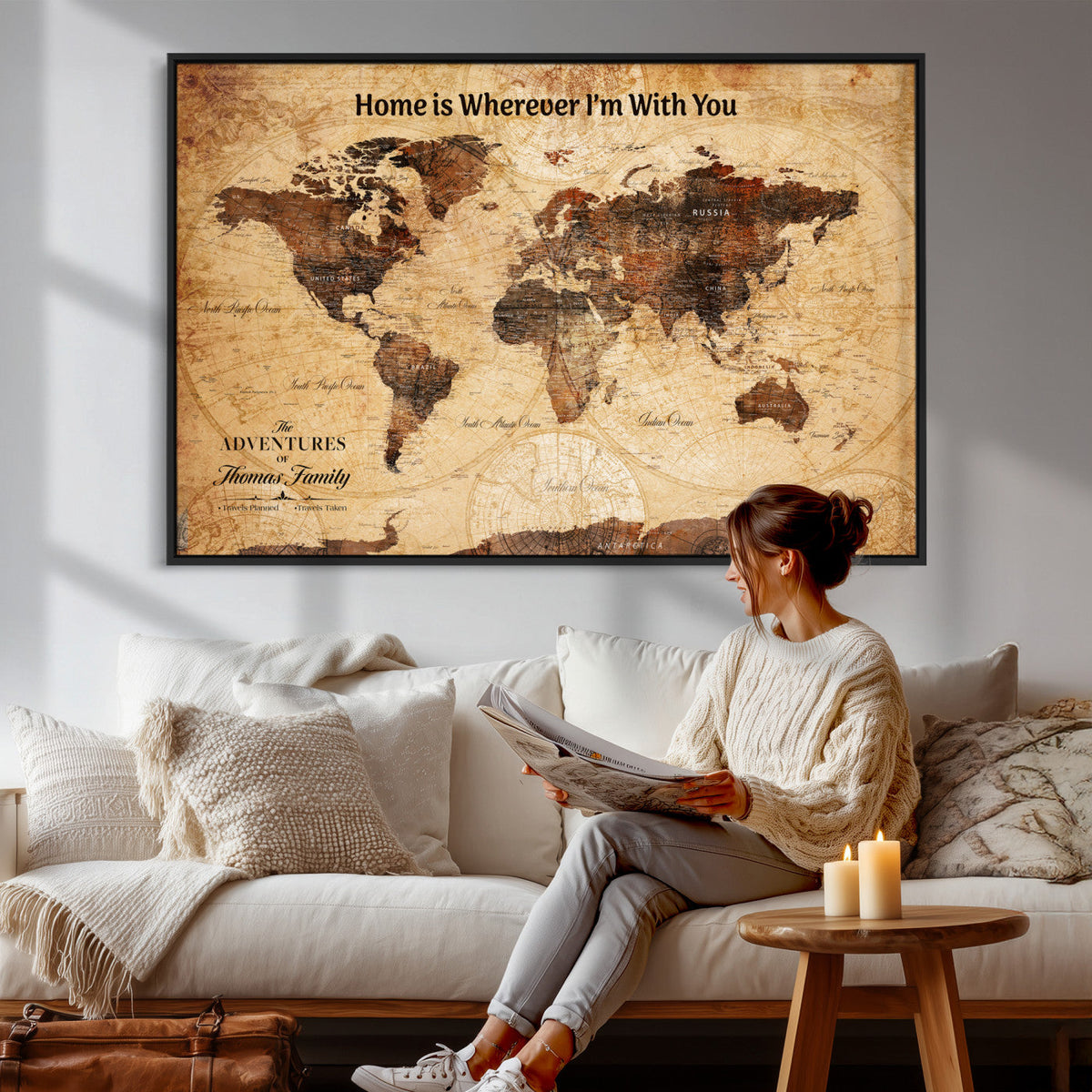 Custom Vintage World Map Canvas Wall Art – Custom Framed