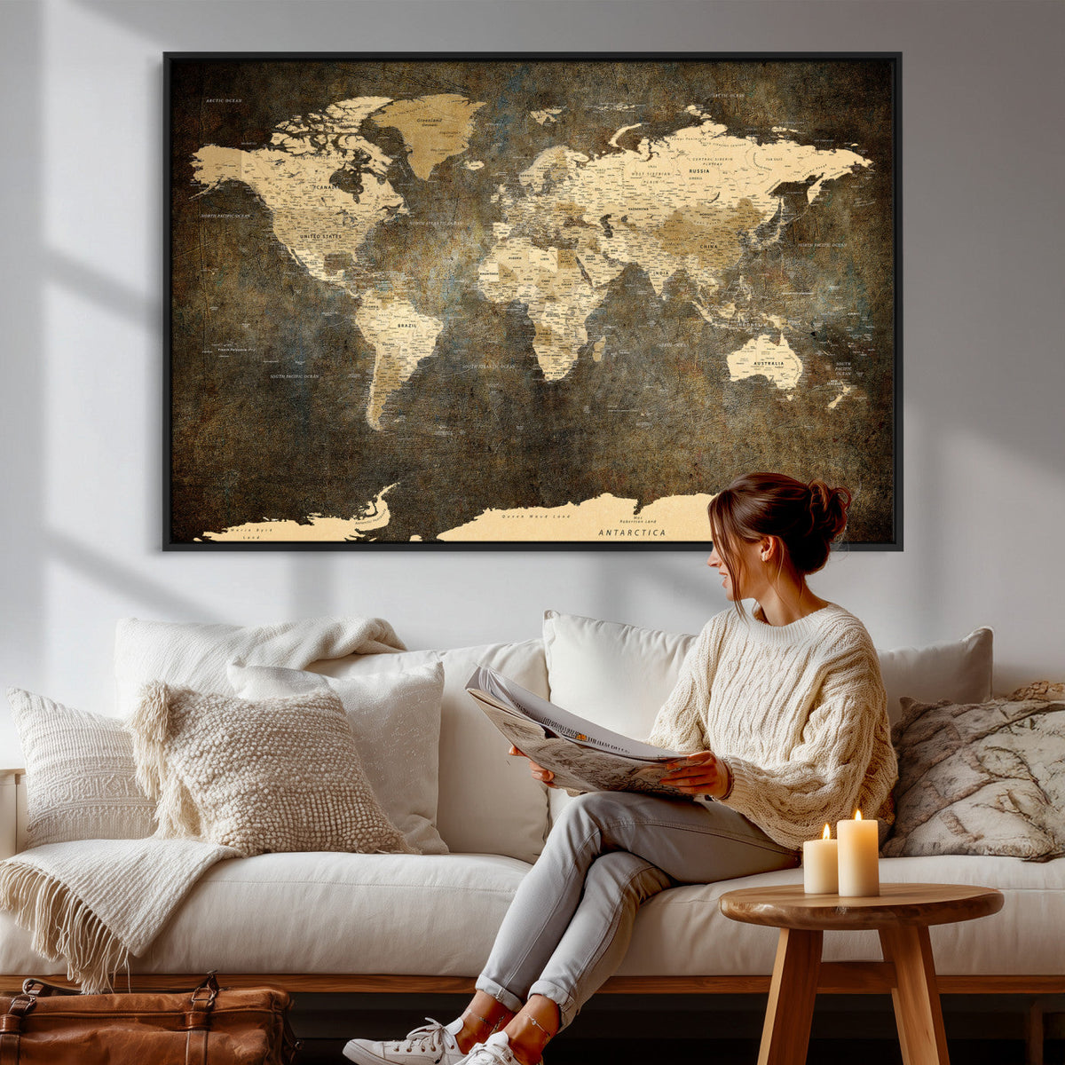Large Framed Vintage World Map Wall Art Print for Home Wall