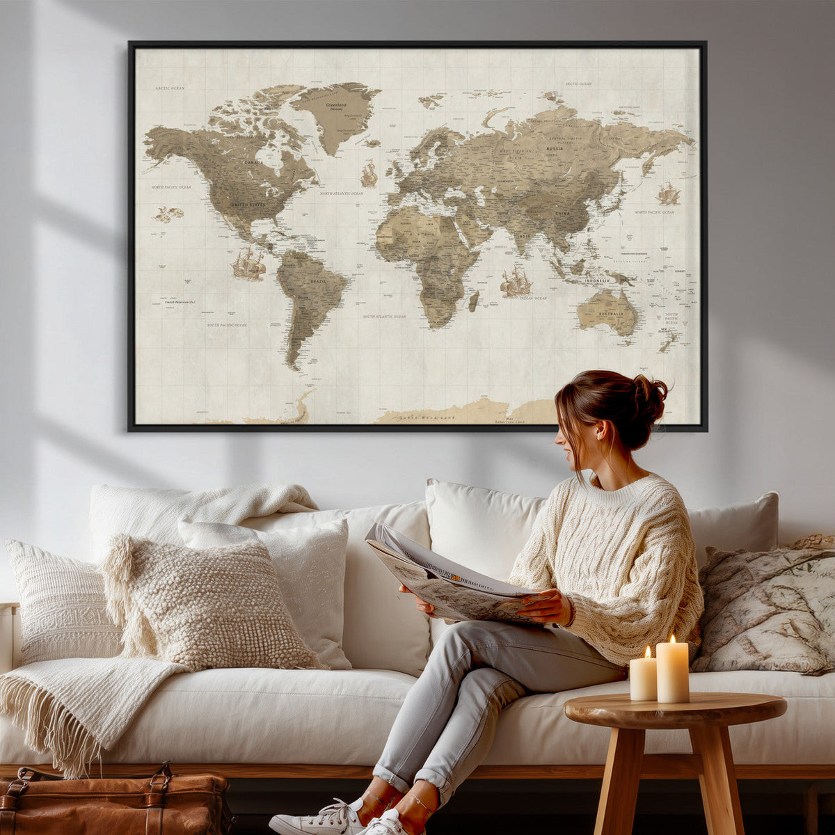 Detailed World Map Wall Art Canvas Print