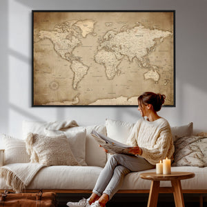 Colorful Watercolor World Map Canvas Wall Art – Framed