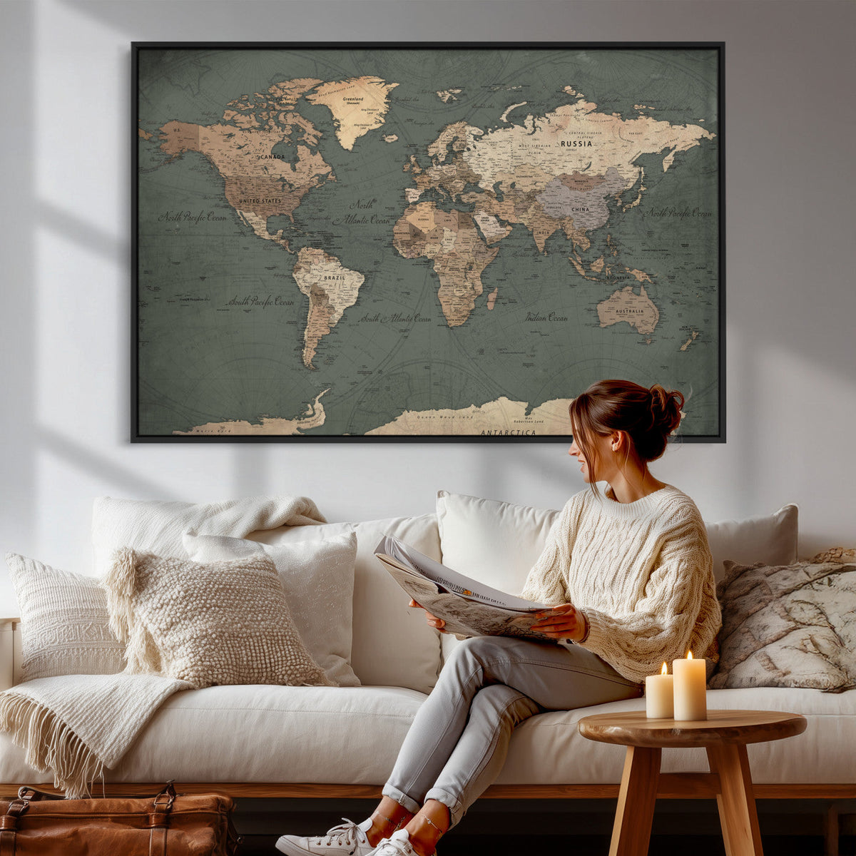 Rustic Black and Wood World Map Canvas Wall Art – Framed