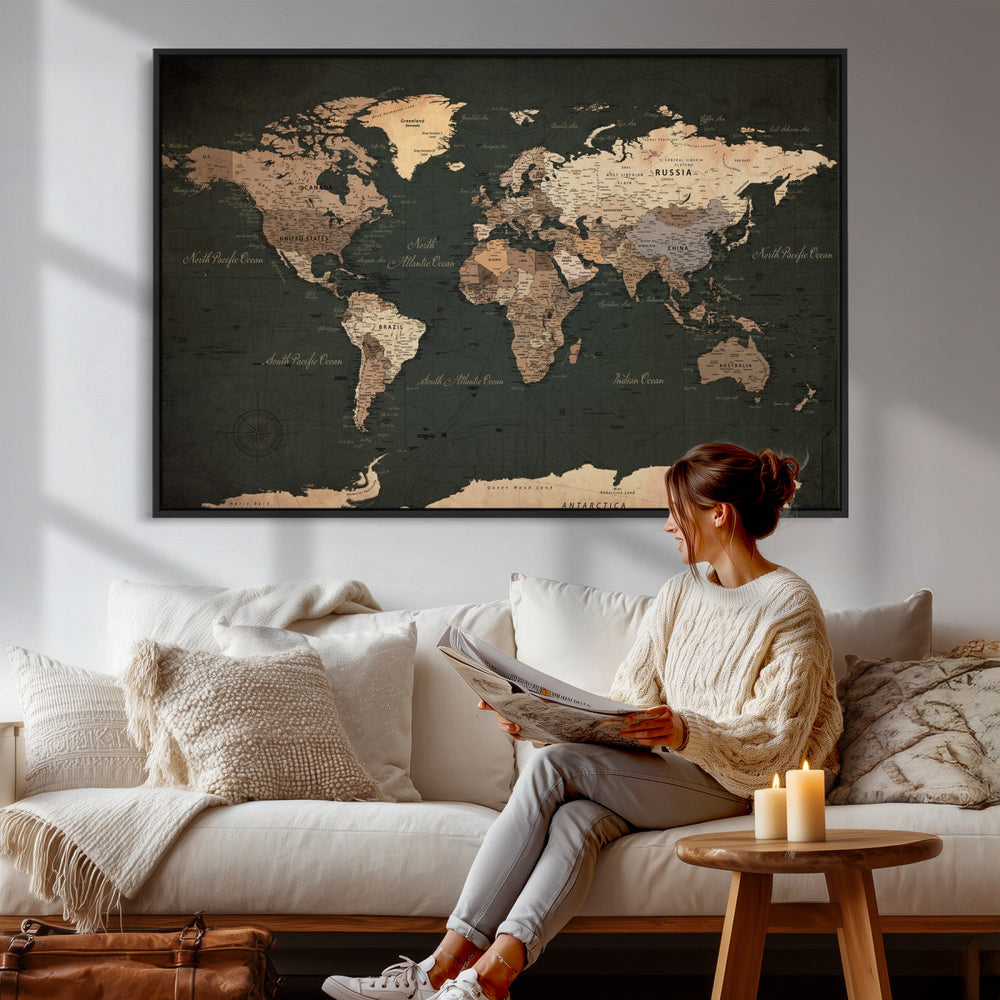 Vintage World Map Canvas Wall Art – Framed Travel Map for