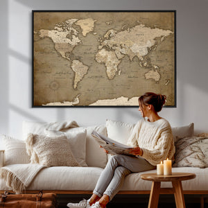 World Map Wall Art Canvas Print, Framed Map Art Picture