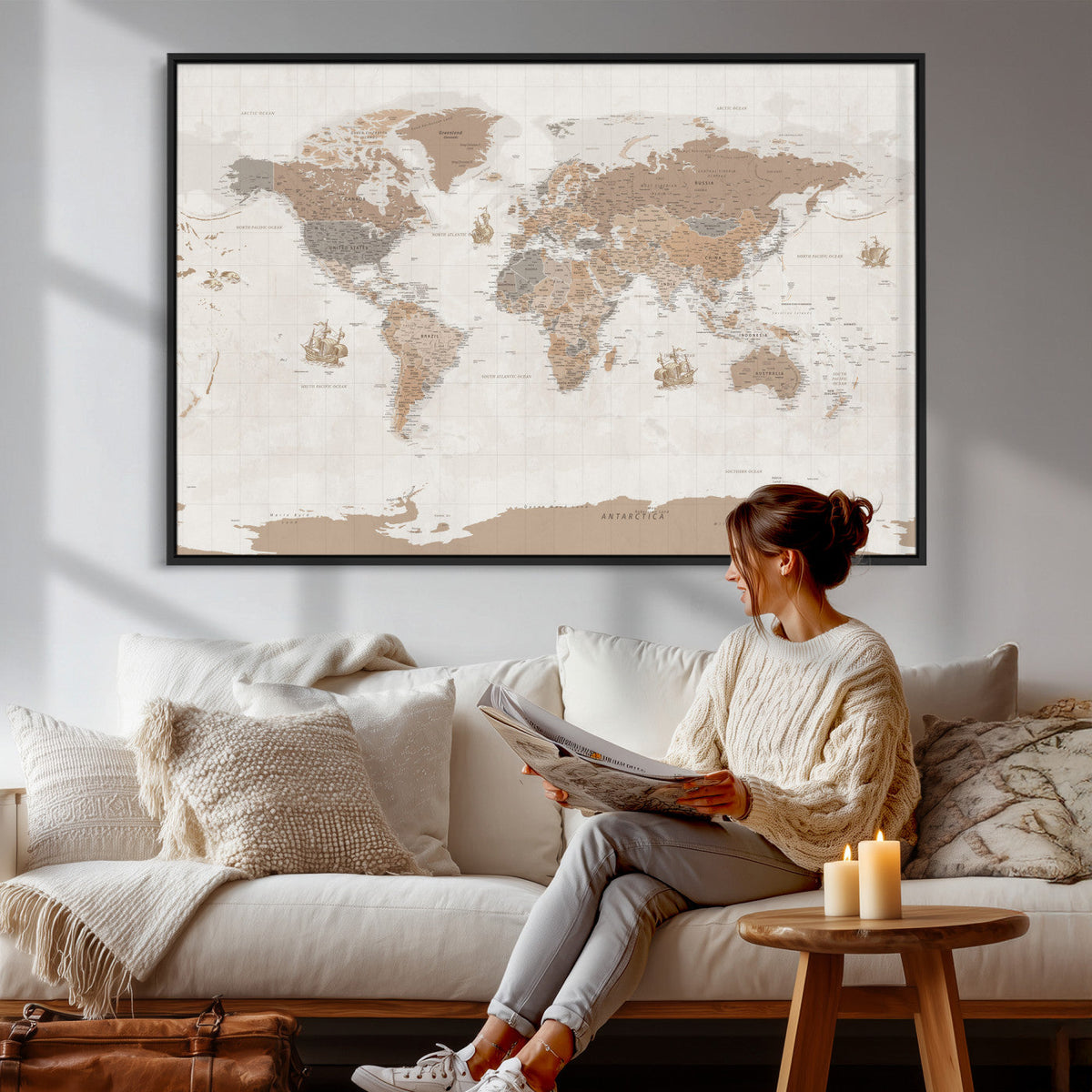Framed Large World Map Canvas Print for Office Decor