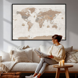 Framed Large World Map Canvas Print for Office Decor