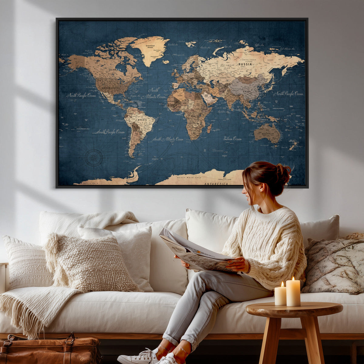Navy Blue World Map Canvas Print – Framed Travel Map Wall