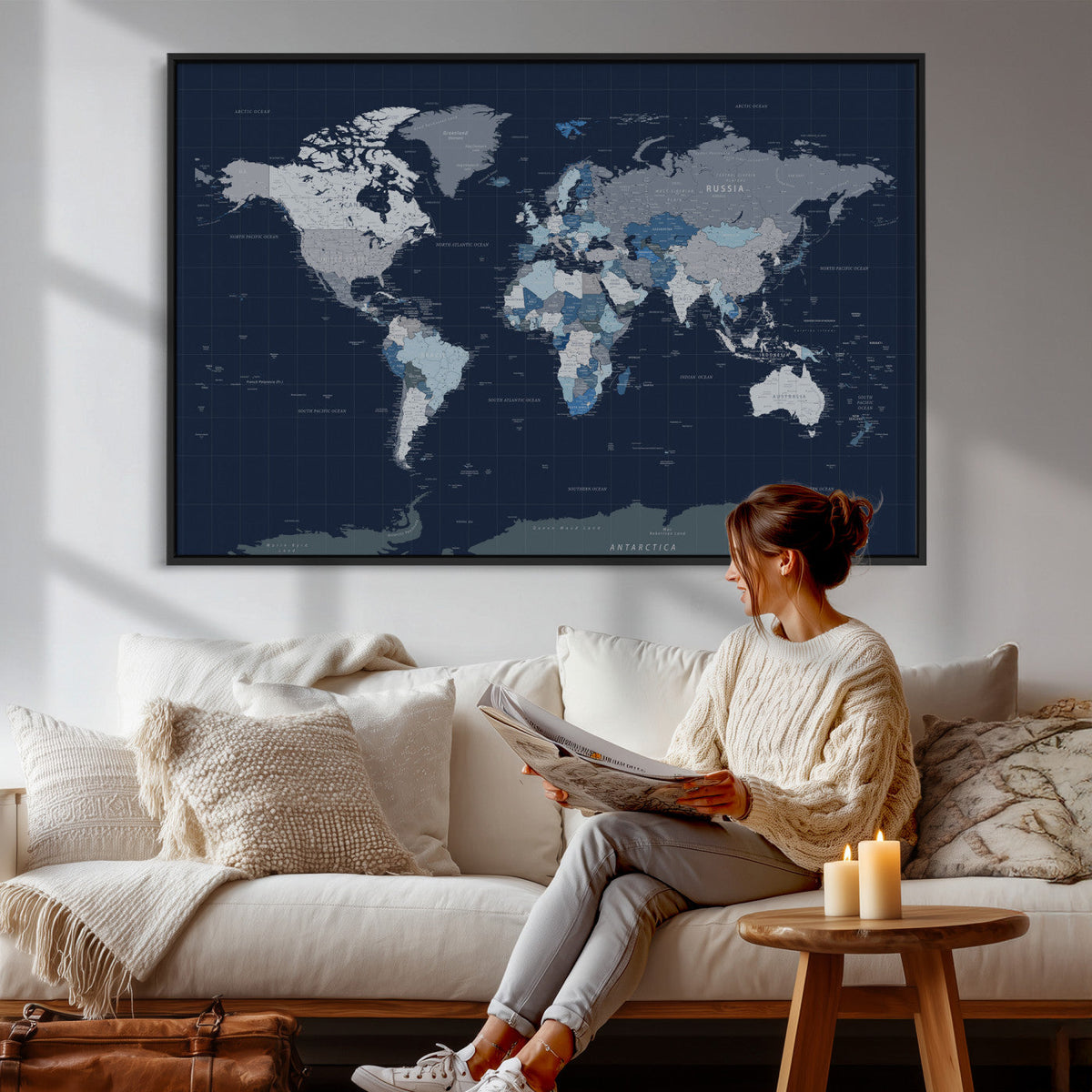 Blue Detailed World Map Wall Art Canvas Print, Modern Framed