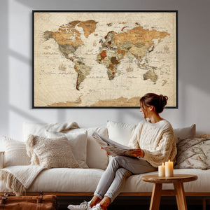 Rustic Vintage World Map Canvas Print – Framed Modern