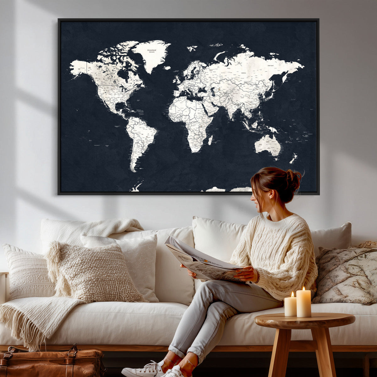 Black World Map Wall Art Canvas Print for Home Office and