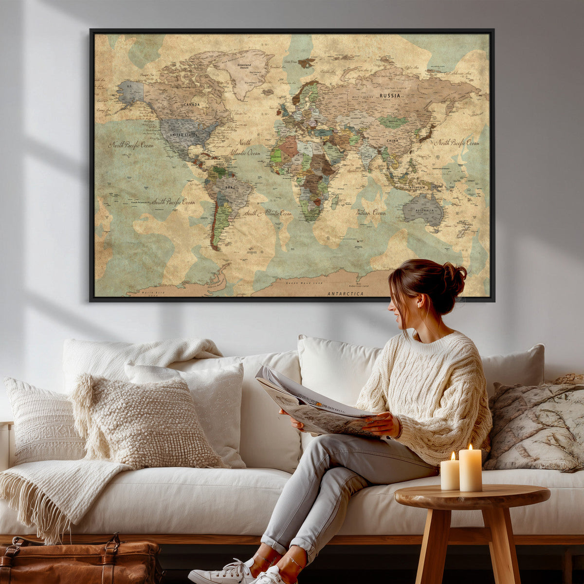 Vintage World Map Wall Art | Ready to Hang and Framed