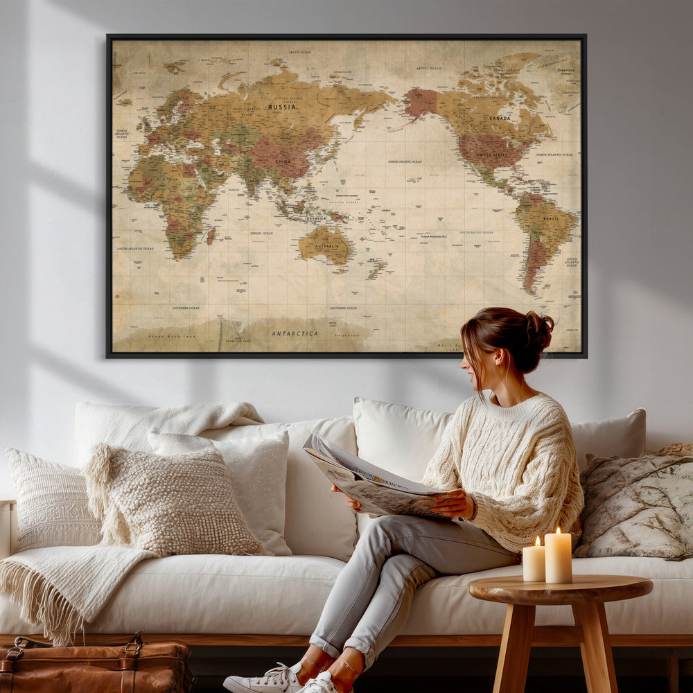 Vintage Detailed World Map Wall Art Canvas Print – Antique