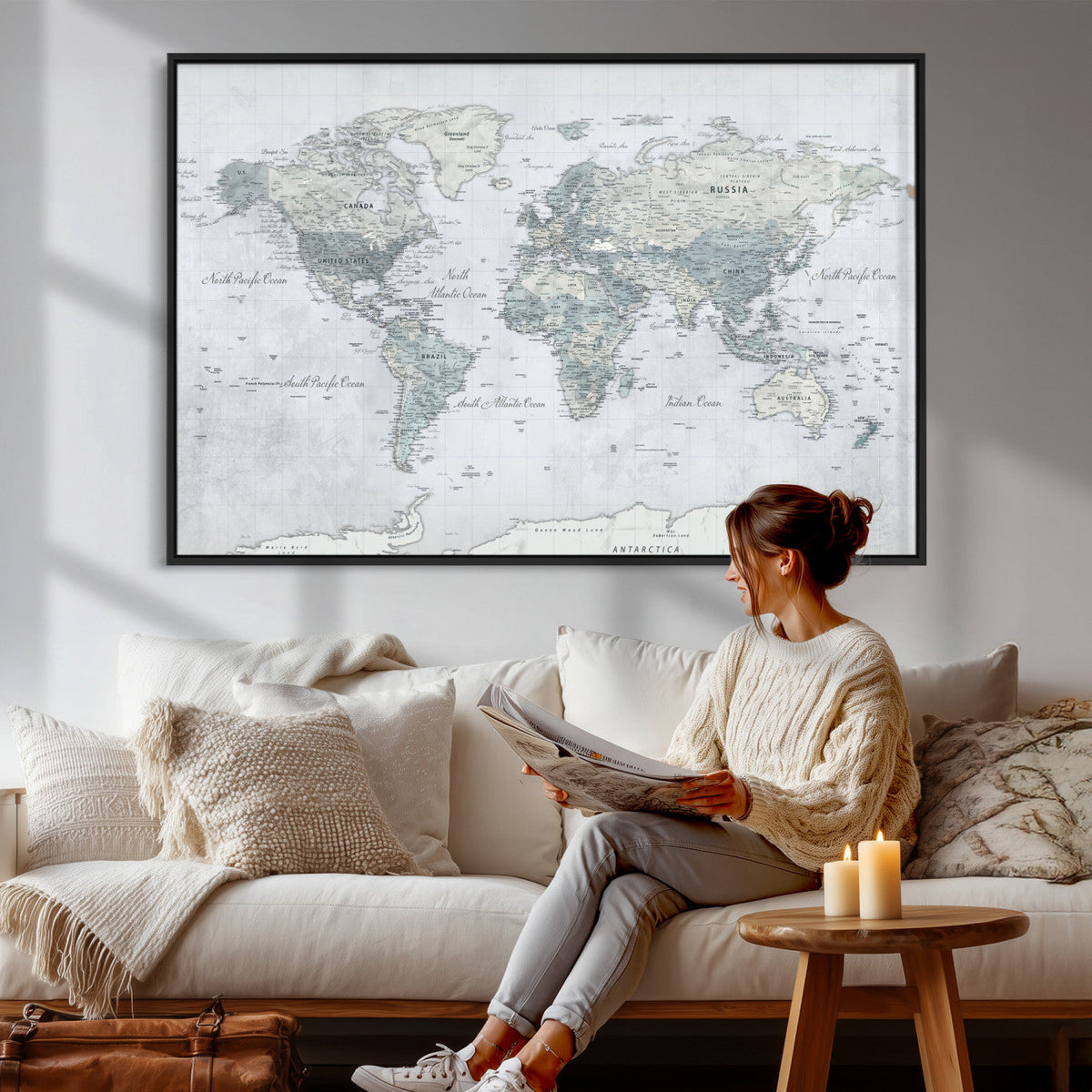 Push Pin World Map Canvas Print - Detailed Vintage World Map